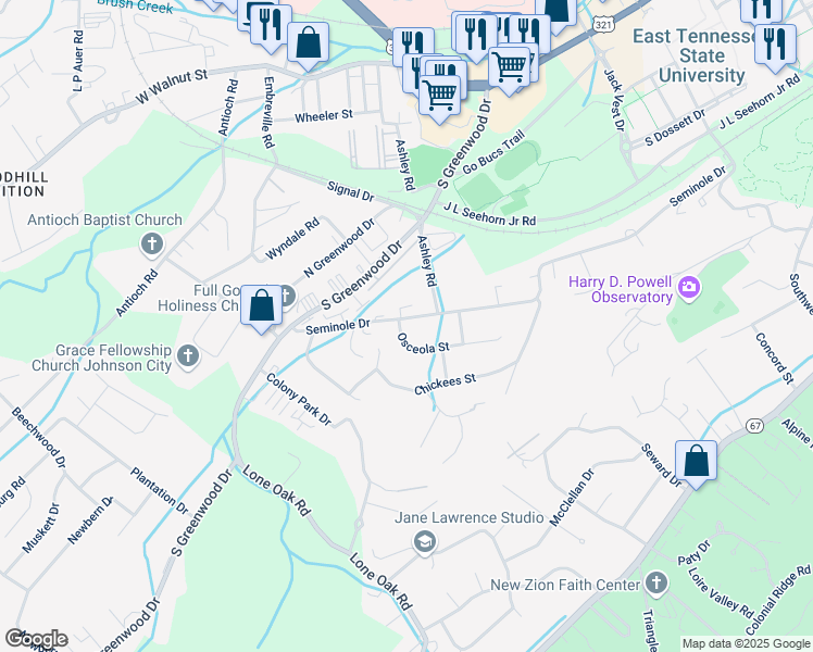 map of restaurants, bars, coffee shops, grocery stores, and more near 1610 Osceola Street in Johnson City