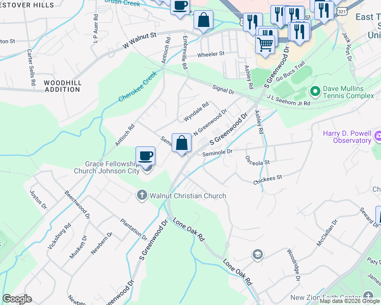map of restaurants, bars, coffee shops, grocery stores, and more near 2229 North Greenwood Drive in Johnson City
