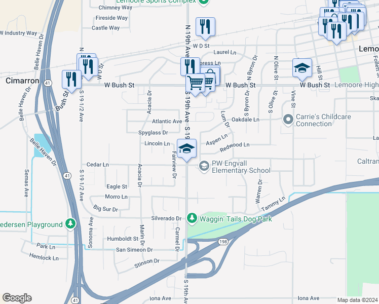 map of restaurants, bars, coffee shops, grocery stores, and more near 395 South 19th Avenue in Lemoore