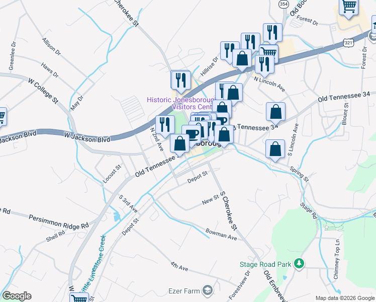 map of restaurants, bars, coffee shops, grocery stores, and more near 118 West Main Street in Jonesborough