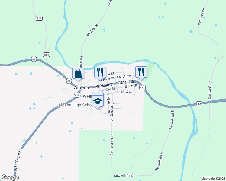 map of restaurants, bars, coffee shops, grocery stores, and more near 101 West Elm Street in Alpena