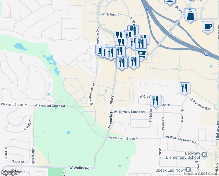 map of restaurants, bars, coffee shops, grocery stores, and more near 4204 South Pinnacle Hills Parkway in Rogers