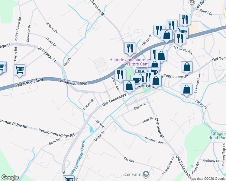 map of restaurants, bars, coffee shops, grocery stores, and more near 305 West College Street in Jonesborough