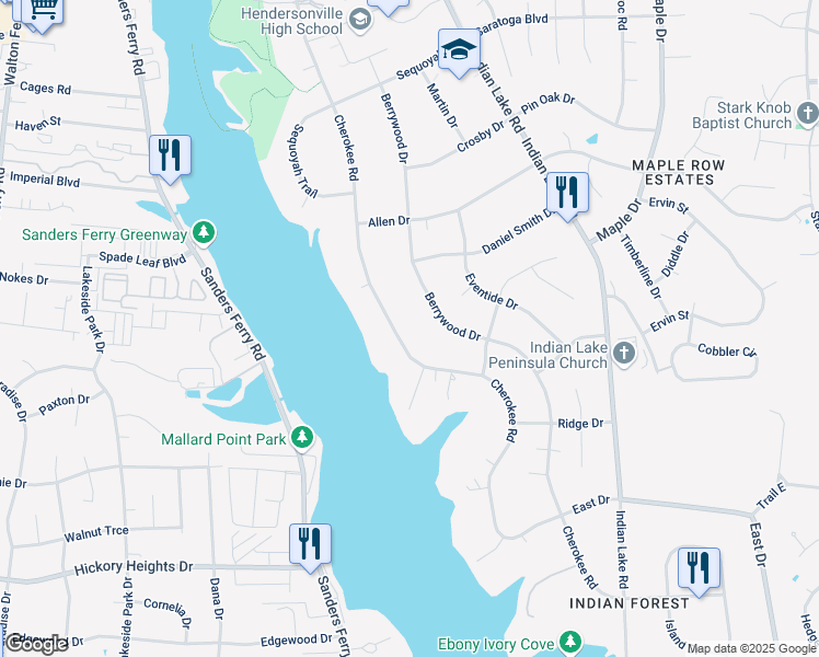 map of restaurants, bars, coffee shops, grocery stores, and more near 168 Berrywood Drive in Hendersonville