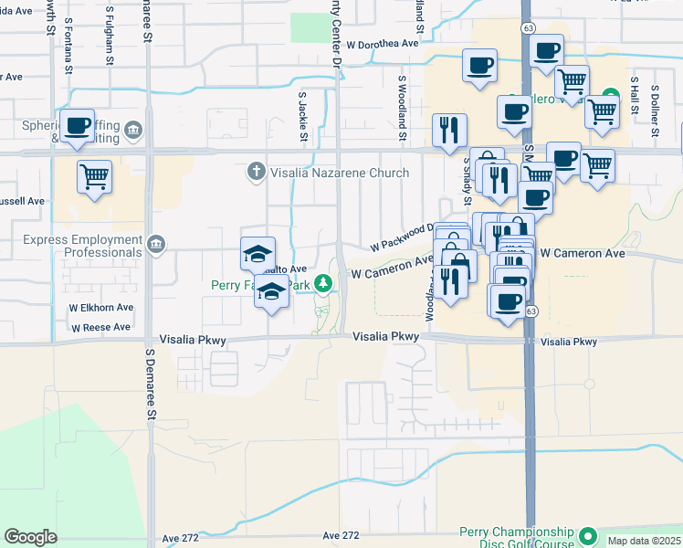 map of restaurants, bars, coffee shops, grocery stores, and more near Visalia Parkway & West Cameron Avenue in Visalia