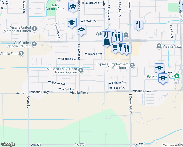 map of restaurants, bars, coffee shops, grocery stores, and more near 4318 Nellis Avenue in Visalia