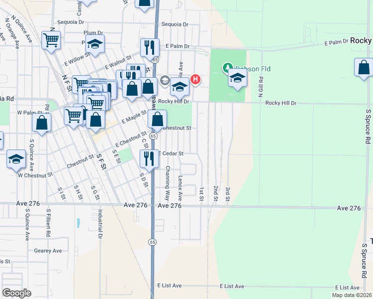 map of restaurants, bars, coffee shops, grocery stores, and more near 322 South Crespi Avenue in Exeter