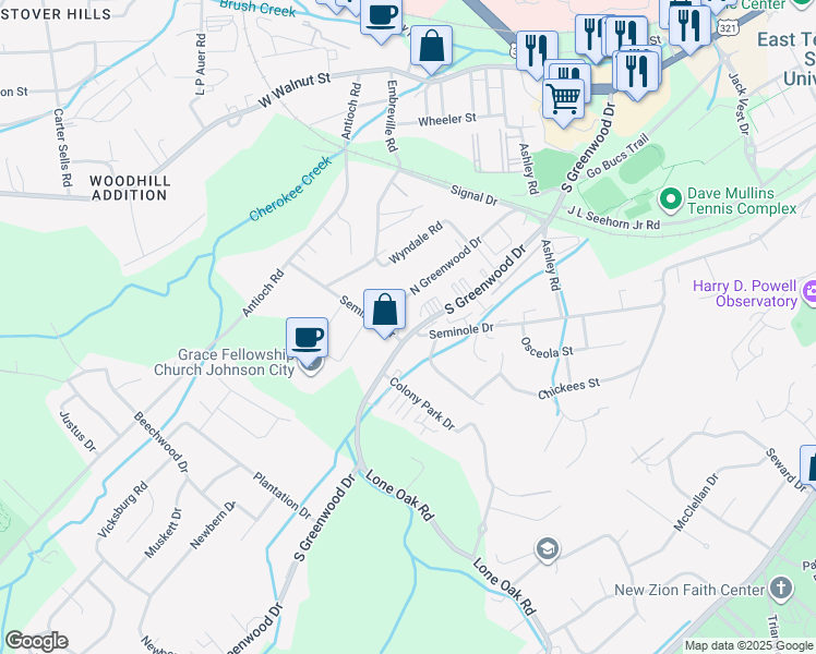 map of restaurants, bars, coffee shops, grocery stores, and more near 2229 North Greenwood Drive in Johnson City
