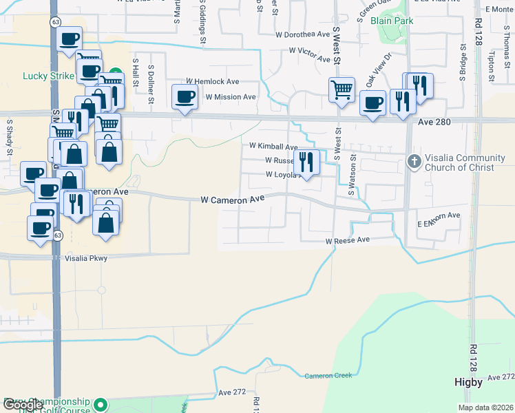 map of restaurants, bars, coffee shops, grocery stores, and more near 908 West Elkhorn Court in Visalia