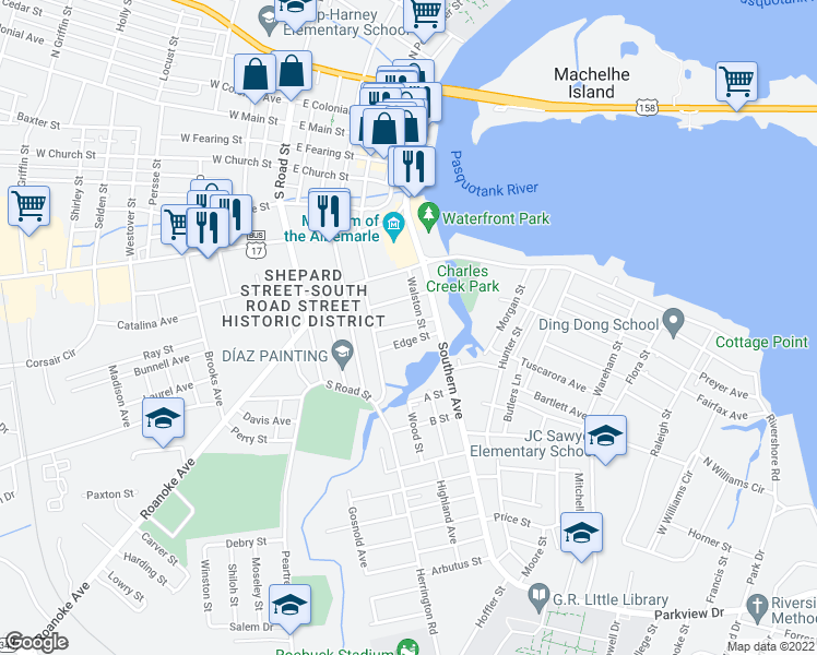 map of restaurants, bars, coffee shops, grocery stores, and more near 521 Brown Street in Elizabeth City