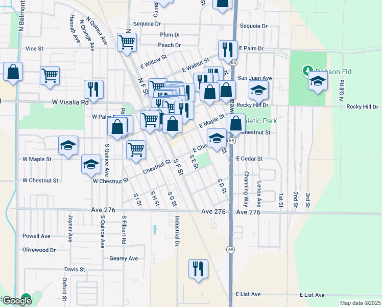 map of restaurants, bars, coffee shops, grocery stores, and more near 309 South E Street in Exeter