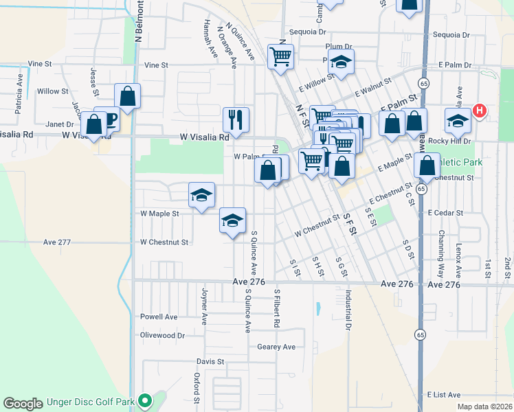 map of restaurants, bars, coffee shops, grocery stores, and more near 151 South Quince Avenue in Exeter
