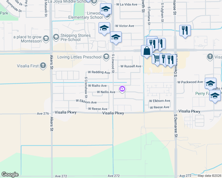map of restaurants, bars, coffee shops, grocery stores, and more near 4633 West Rialto Avenue in Visalia