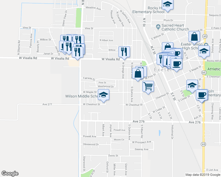 map of restaurants, bars, coffee shops, grocery stores, and more near 706 Westwood Drive in Exeter