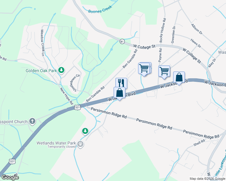 map of restaurants, bars, coffee shops, grocery stores, and more near 1500 West Jackson Boulevard in Jonesborough