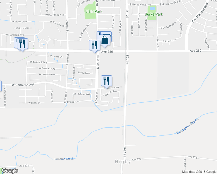 map of restaurants, bars, coffee shops, grocery stores, and more near 204 East Cameron Avenue in Visalia