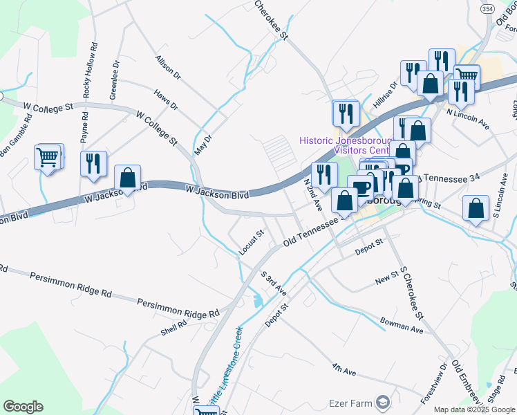 map of restaurants, bars, coffee shops, grocery stores, and more near 418 West College Street in Jonesborough