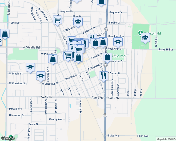 map of restaurants, bars, coffee shops, grocery stores, and more near 309 South E Street in Exeter