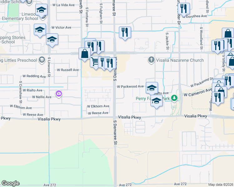 map of restaurants, bars, coffee shops, grocery stores, and more near 4020 South Demaree Street in Visalia