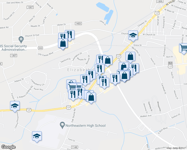 map of restaurants, bars, coffee shops, grocery stores, and more near 527 South Hughes Boulevard in Elizabeth City
