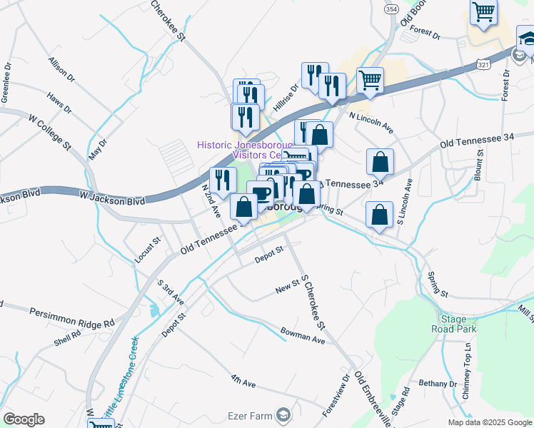 map of restaurants, bars, coffee shops, grocery stores, and more near 118 West Main Street in Jonesborough
