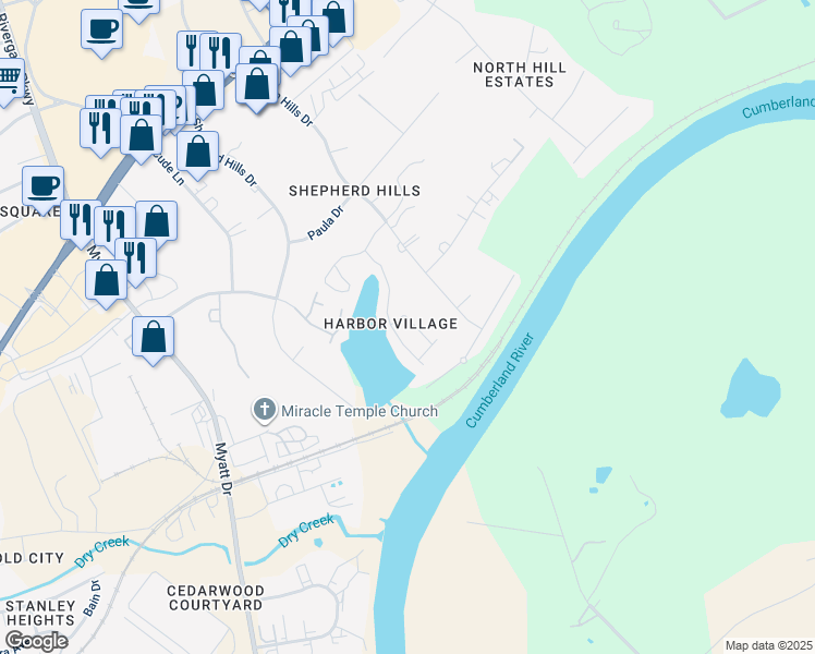 map of restaurants, bars, coffee shops, grocery stores, and more near 361 Harbor Village Drive in Nashville