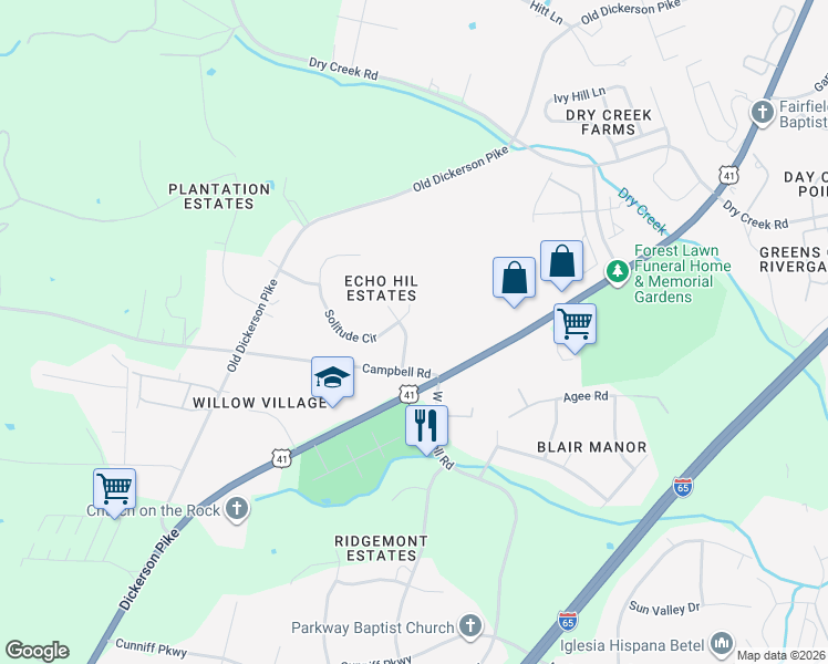 map of restaurants, bars, coffee shops, grocery stores, and more near 216 Solitude Cir in Goodlettsville
