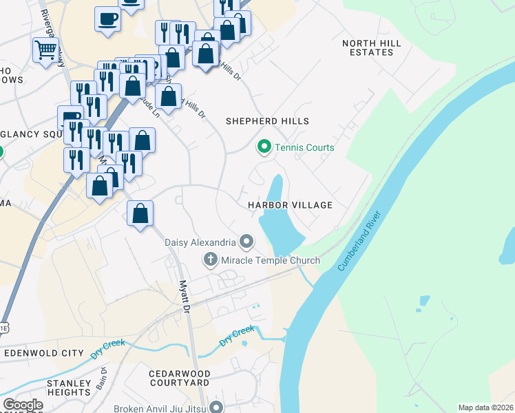 map of restaurants, bars, coffee shops, grocery stores, and more near Nancy Beth Lane in Nashville