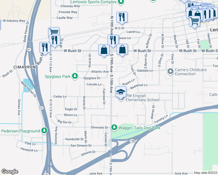 map of restaurants, bars, coffee shops, grocery stores, and more near 395 South 19th Avenue in Lemoore