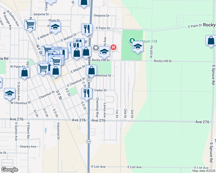 map of restaurants, bars, coffee shops, grocery stores, and more near 322 South Crespi Avenue in Exeter