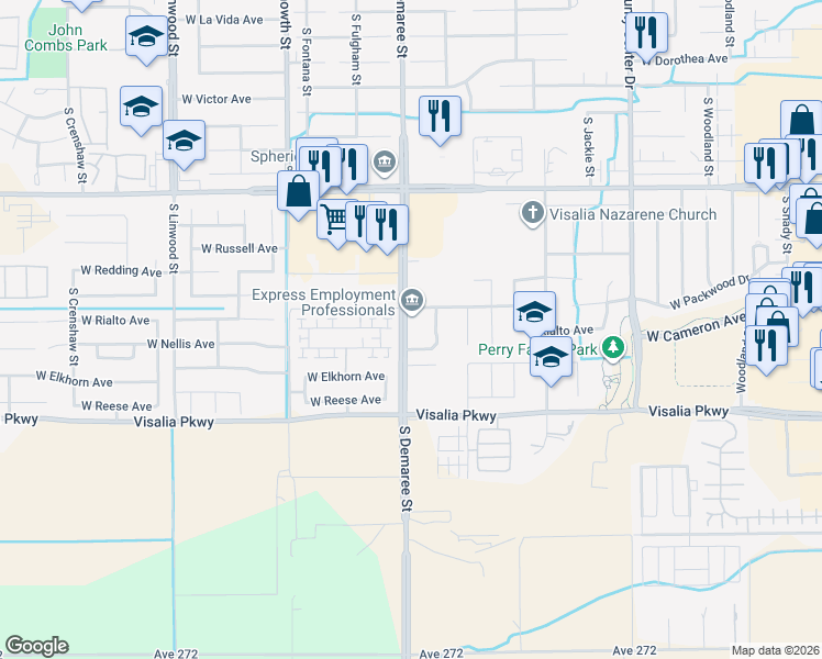 map of restaurants, bars, coffee shops, grocery stores, and more near 4020 South Demaree Street in Visalia