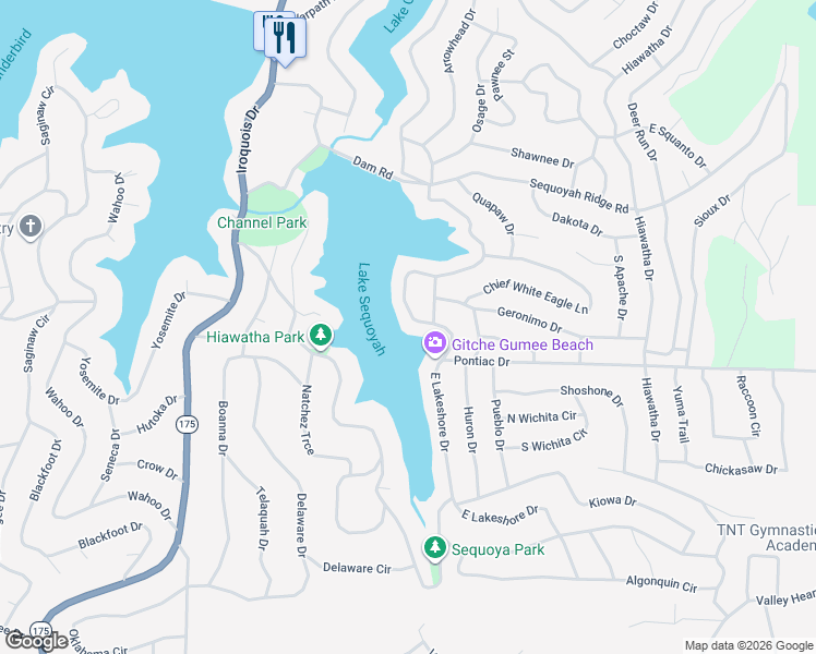 map of restaurants, bars, coffee shops, grocery stores, and more near 198 East Lakeshore Drive in Cherokee Village