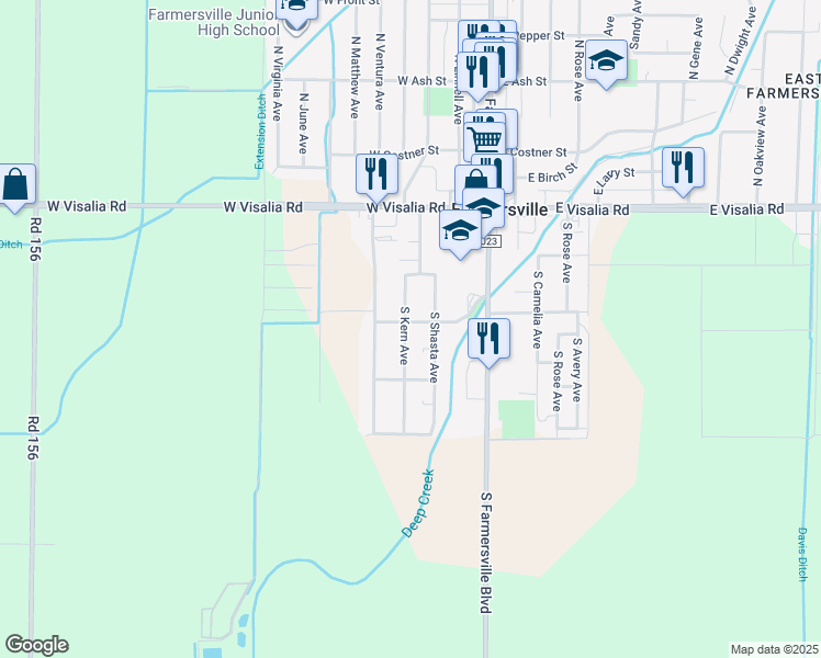 map of restaurants, bars, coffee shops, grocery stores, and more near 373 W Oakland St in Farmersville