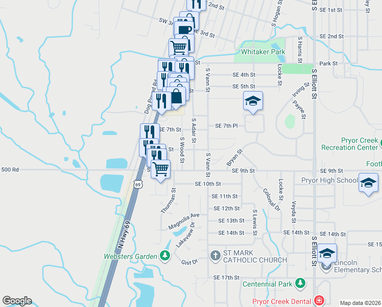 map of restaurants, bars, coffee shops, grocery stores, and more near 802 South Adair Street in Pryor
