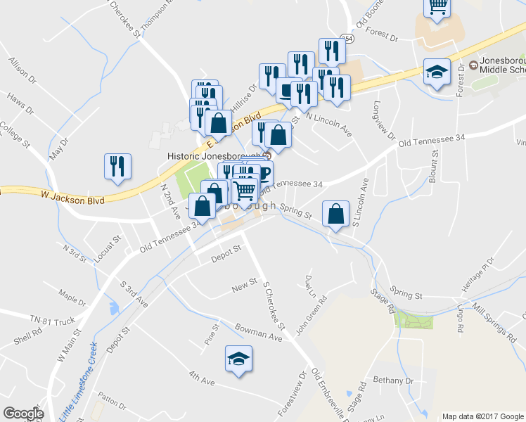 map of restaurants, bars, coffee shops, grocery stores, and more near 115 Fox Street in Jonesborough