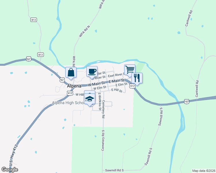 map of restaurants, bars, coffee shops, grocery stores, and more near 101 West Elm Street in Alpena