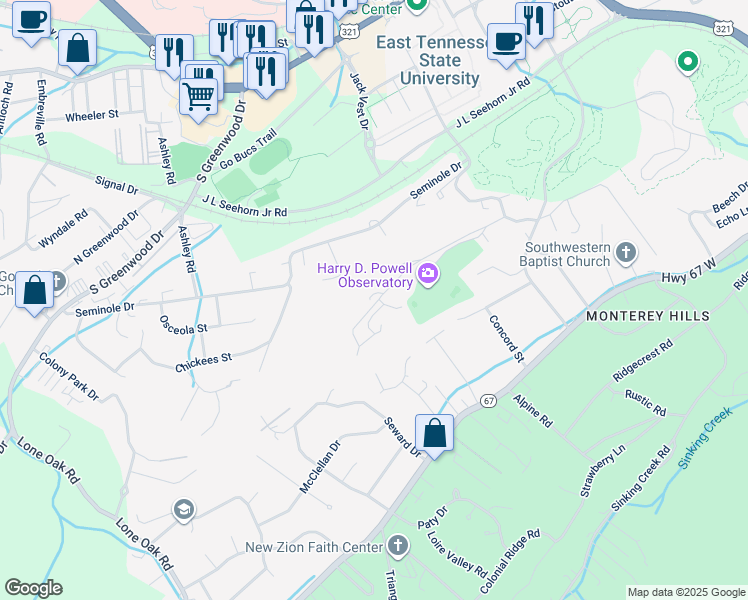 map of restaurants, bars, coffee shops, grocery stores, and more near 764 Narrow Lane in Johnson City
