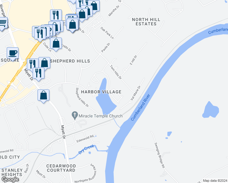 map of restaurants, bars, coffee shops, grocery stores, and more near 361 Harbor Village Drive in Nashville