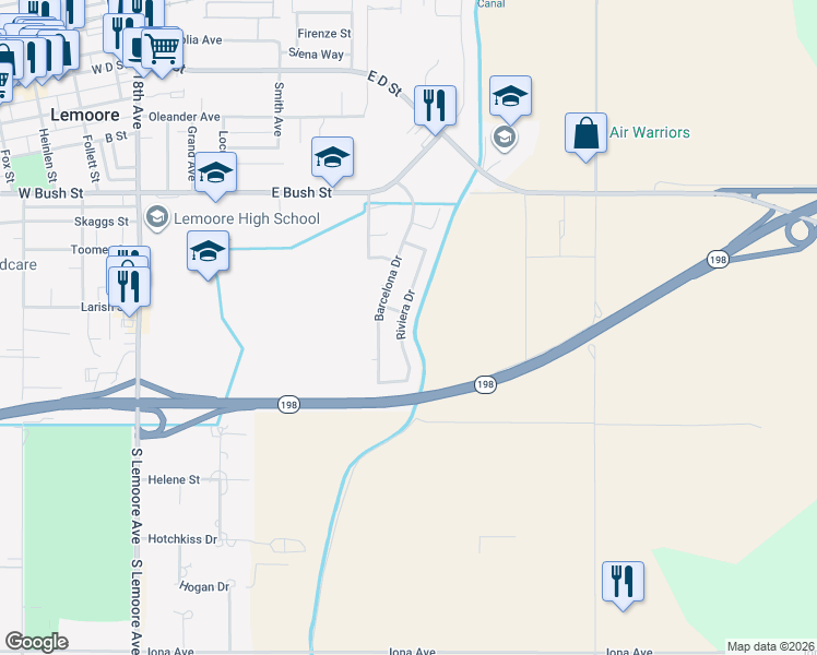 map of restaurants, bars, coffee shops, grocery stores, and more near 352 Riviera Drive in Lemoore