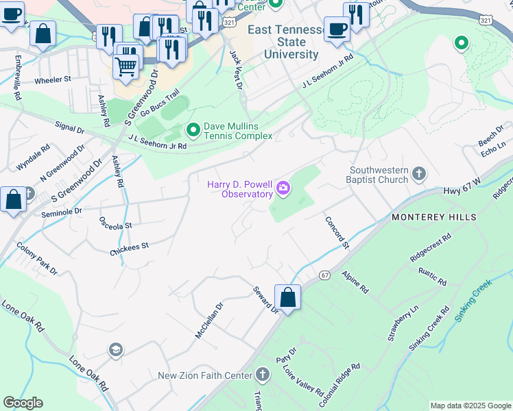 map of restaurants, bars, coffee shops, grocery stores, and more near 1407 Narrow Lane in Johnson City
