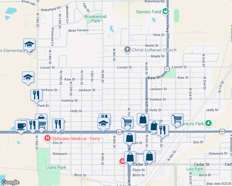 map of restaurants, bars, coffee shops, grocery stores, and more near 906 North 8th Street in Perry