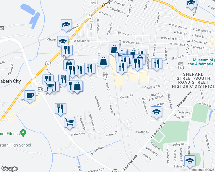 map of restaurants, bars, coffee shops, grocery stores, and more near 616 Hull Drive in Elizabeth City