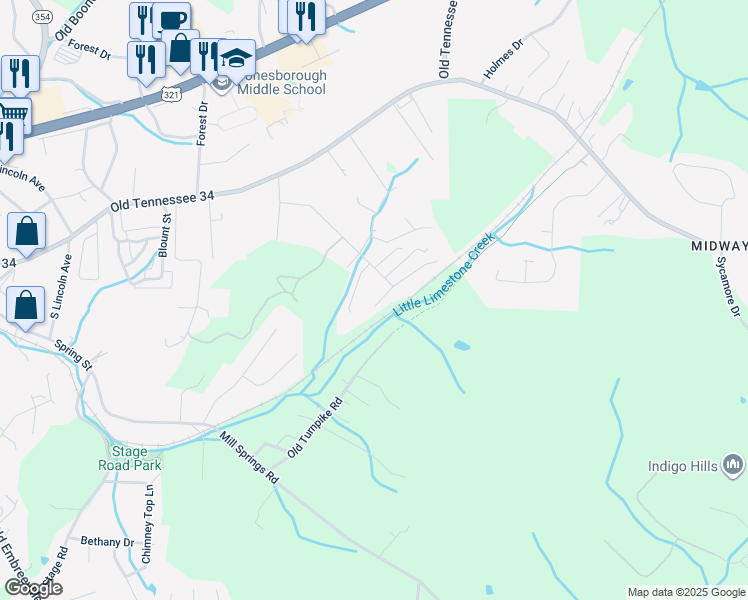 map of restaurants, bars, coffee shops, grocery stores, and more near 200 Vines Dr in Jonesborough