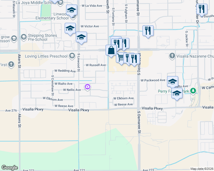 map of restaurants, bars, coffee shops, grocery stores, and more near 4109 West Rialto Court in Visalia