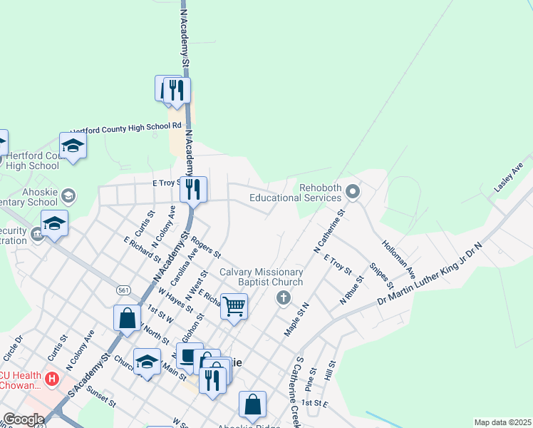 map of restaurants, bars, coffee shops, grocery stores, and more near North Mitchell Street in Ahoskie