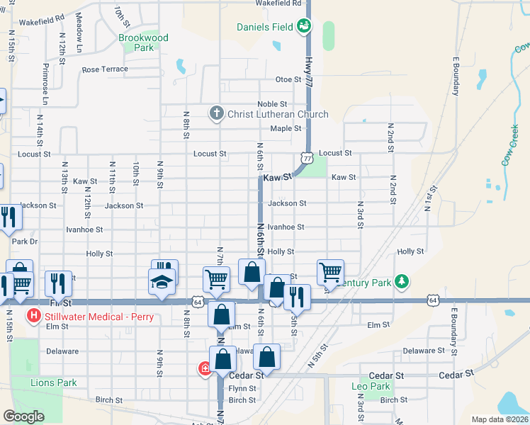 map of restaurants, bars, coffee shops, grocery stores, and more near 916 North 6th Street in Perry