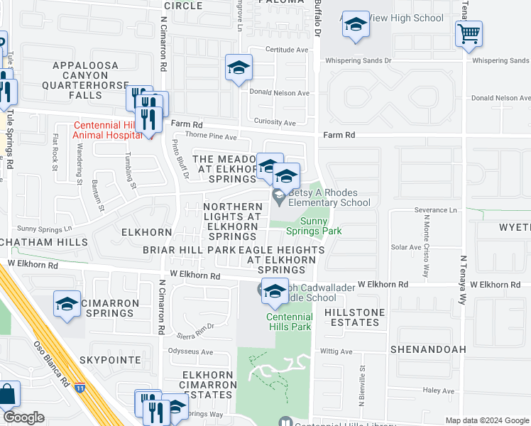 map of restaurants, bars, coffee shops, grocery stores, and more near 7317 Tealwood Street in Las Vegas