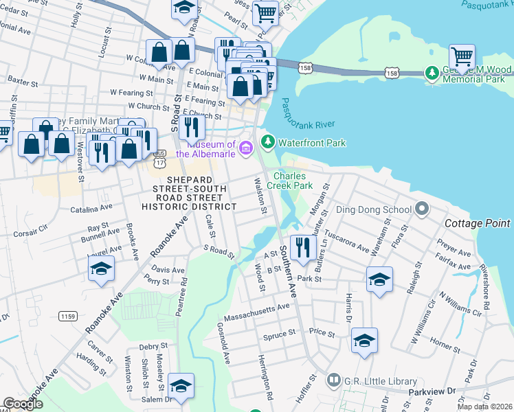 map of restaurants, bars, coffee shops, grocery stores, and more near 508 Brown Street in Elizabeth City