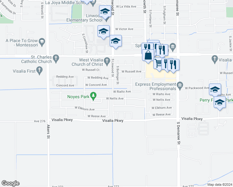 map of restaurants, bars, coffee shops, grocery stores, and more near 4455 West Rialto Avenue in Visalia