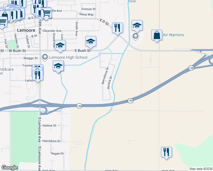 map of restaurants, bars, coffee shops, grocery stores, and more near 352 Riviera Drive in Lemoore